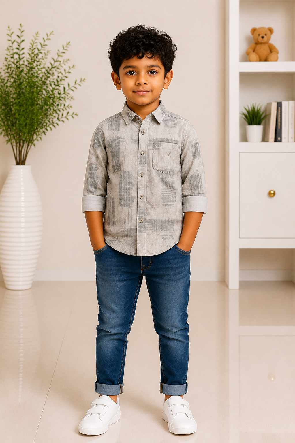 Boys grey printed casual shirt
