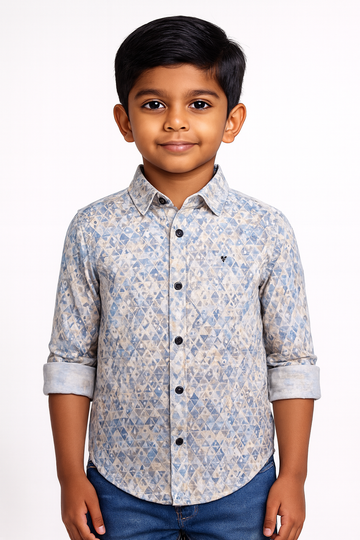 Boys’ Blue & Beige Geometric Printed Casual Shirt – Full Sleeves