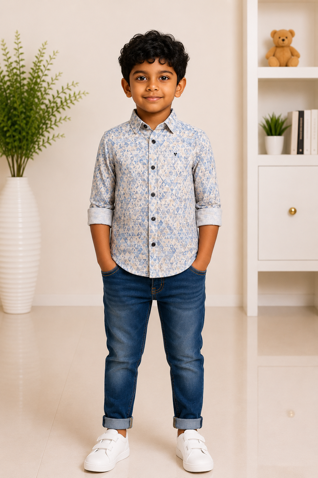 Boys blue and beige geometric print full-sleeve shirt