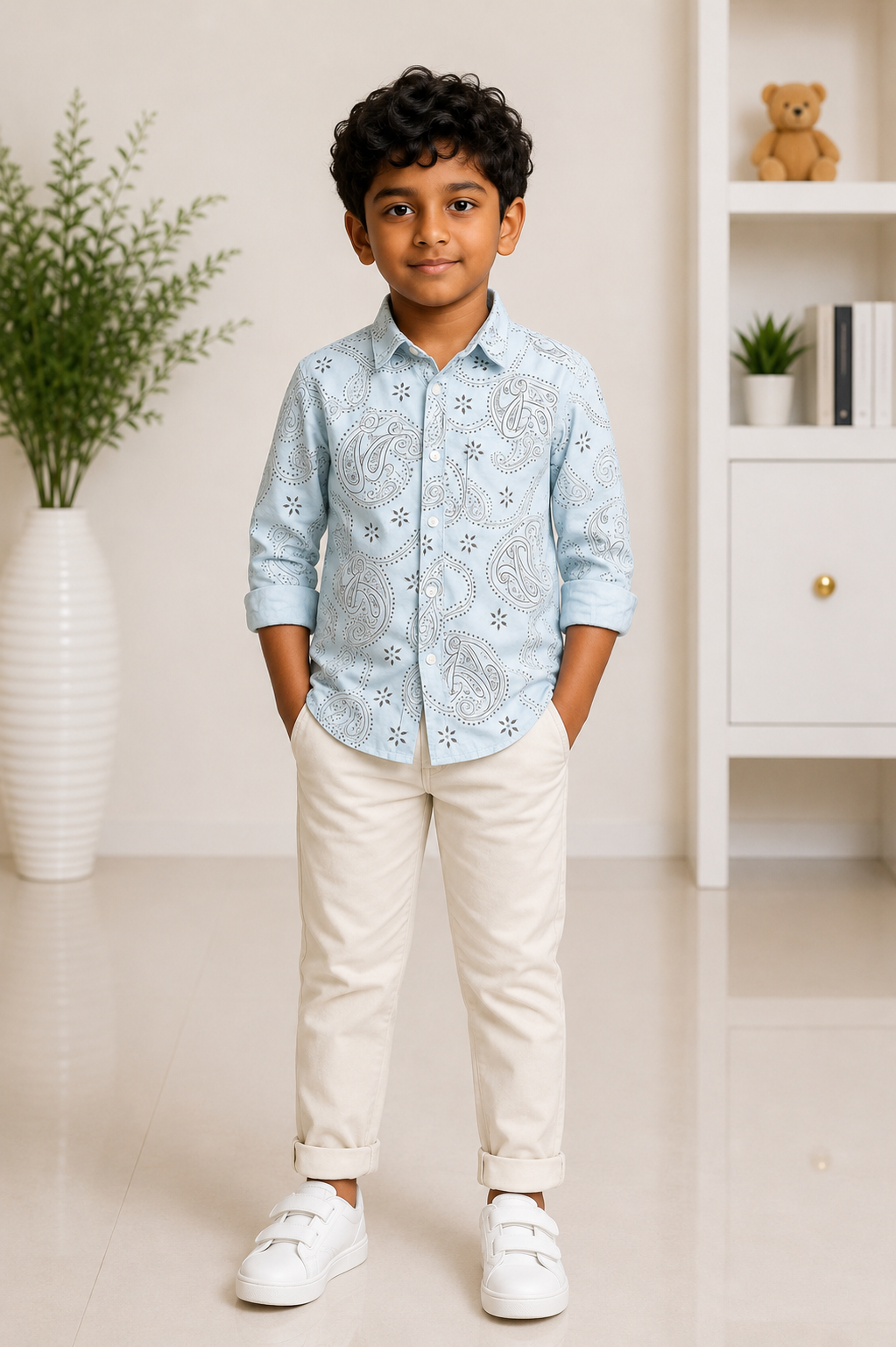 Boys sky blue paisley print full-sleeve shirt