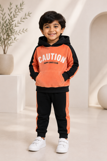 Boys Peach & Black Hooded Tracksuit Set