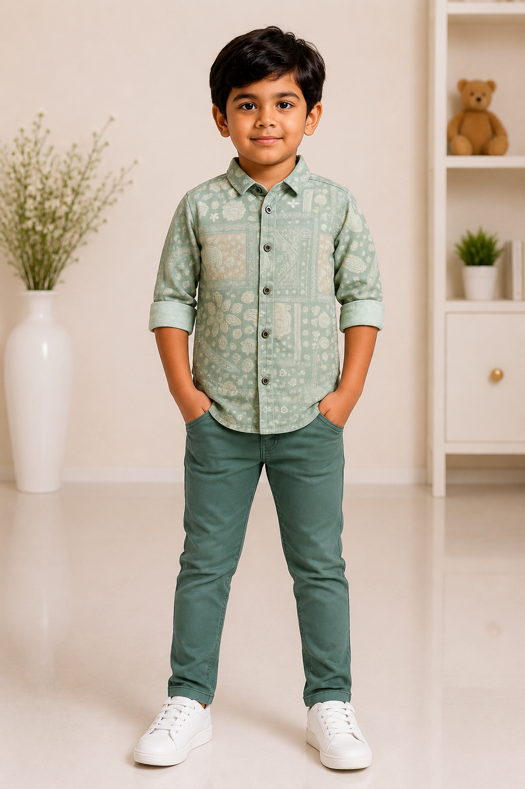 Boys green full-sleeve casual and party wear shirt
