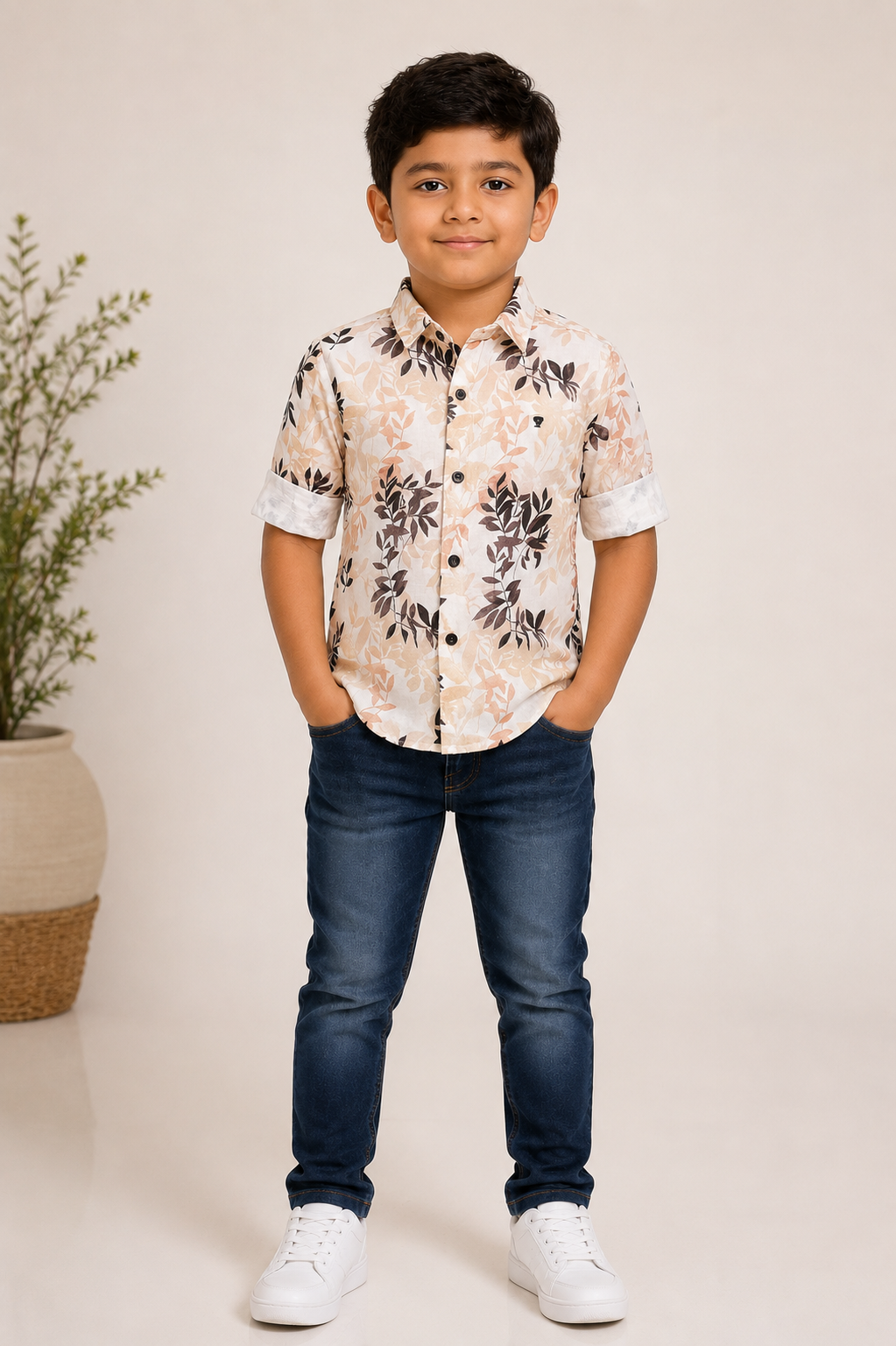 Boys floral printed half-sleeve cotton shirt