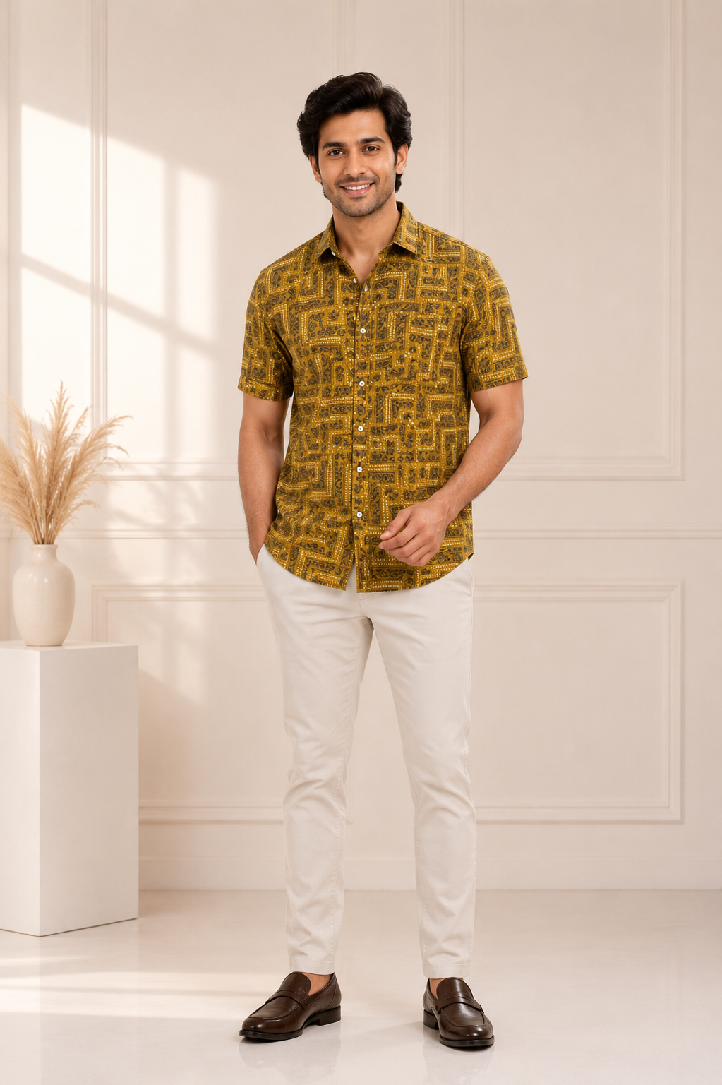 Men's mustard geometric print short-sleeve casual shirt
