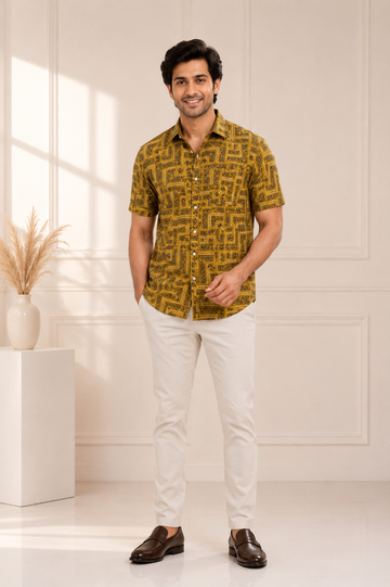 Men's Mustard Geometric Print Casual Shirt
