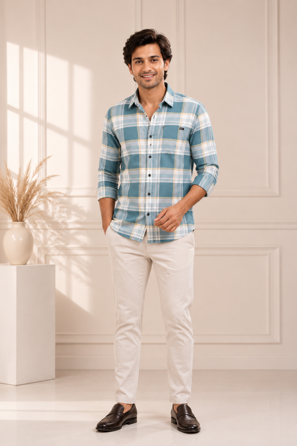 Men's sky blue plaid cotton full-sleeve casual shirt