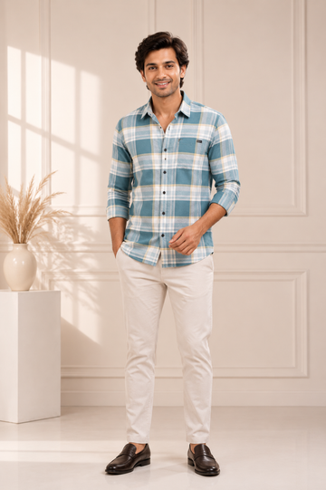 Men's Sky Blue Plaid Casual Shirt