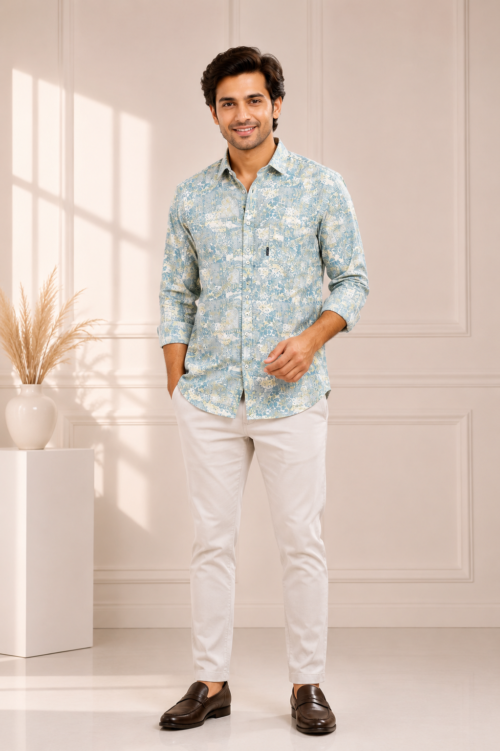 Men's pastel blue floral cotton full-sleeve casual shirt