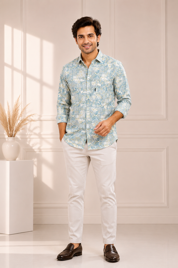 Men's Pastel Blue Floral Print Casual Shirt