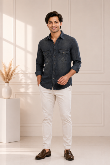 Men's Charcoal Black Denim Casual Shirt