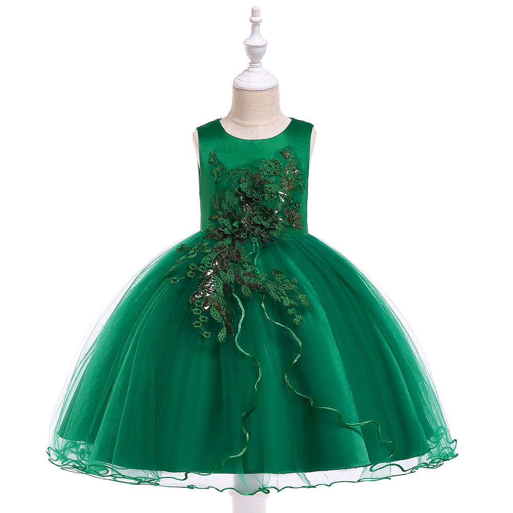 Elegant Green Sleeveless Party Gown for Girls with 3D Floral Applique and Tulle Skirt - Inayah Fashion