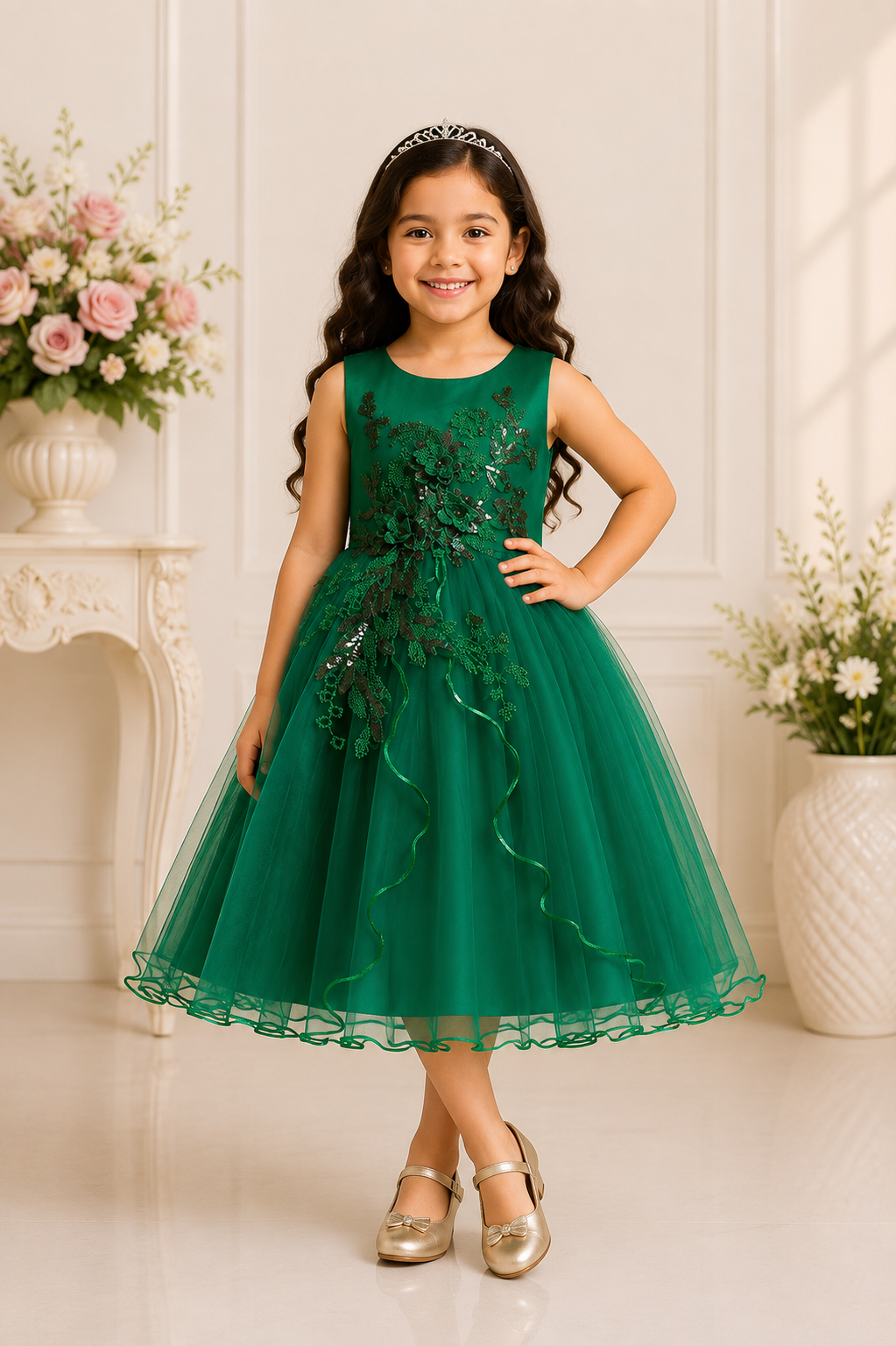 Green sleeveless party gown for girls with 3D floral applique and tulle skirt