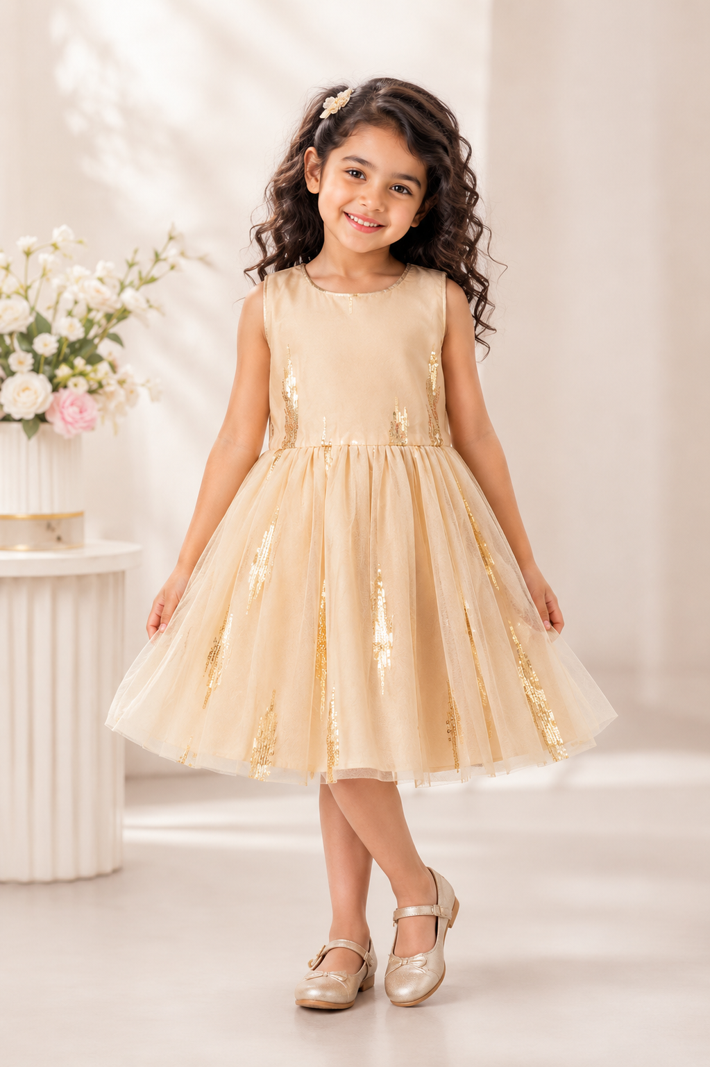 Beige sleeveless party dress for girls with gold sequins and tulle skirt