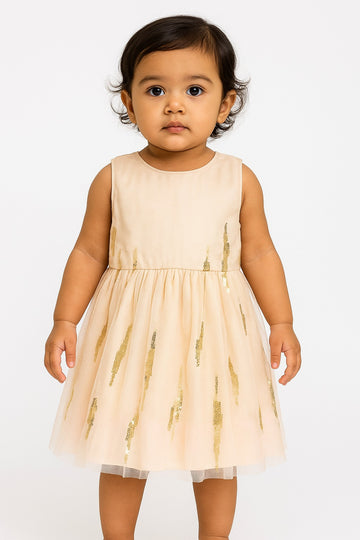 Chic Beige Sleeveless Party Dress for Girls with Gold Sequin Detailing and Tulle Skirt - Inayah Fashion