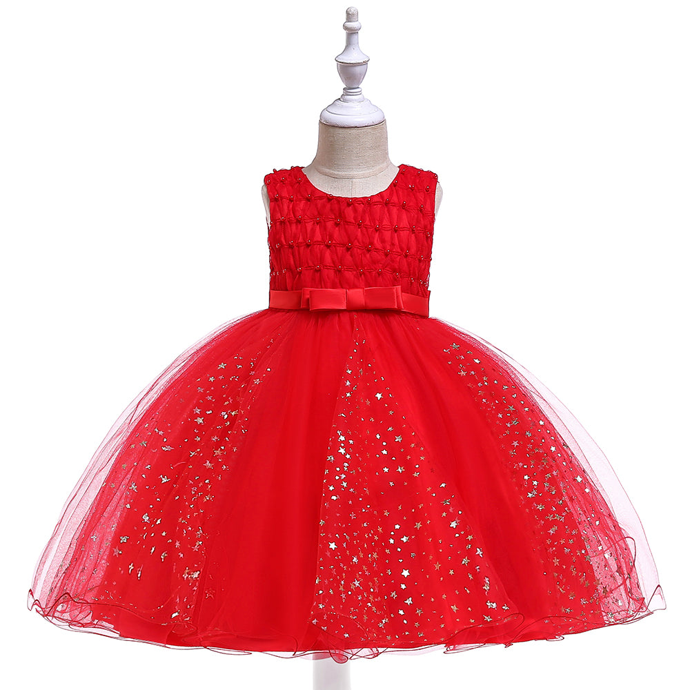 Charming Red Sleeveless Party Dress for Girls with Bow Waist and Starry Net Flare - Inayah Fashion