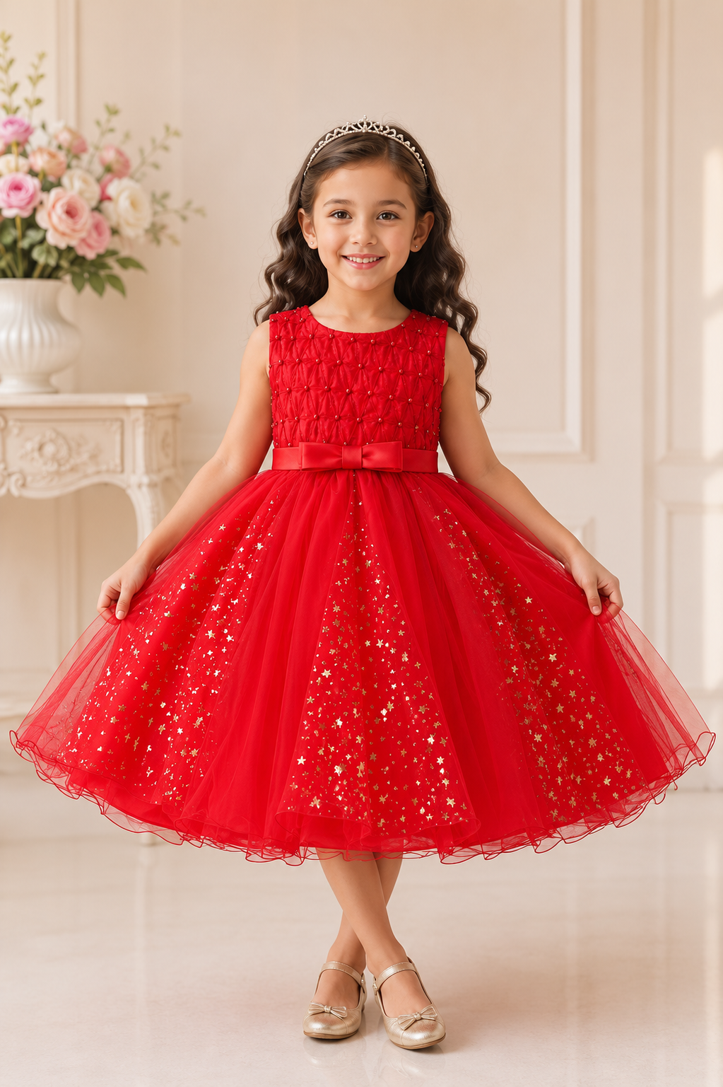 Red sleeveless party dress for girls with bow waist and starry net flare