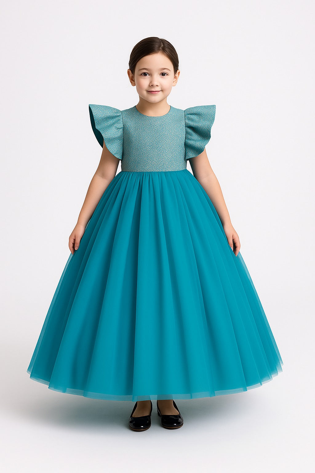 Girls Teal Blue Party Gown – Elegant Tulle Dress with Shimmer Bodice & Butterfly Sleeves - Inayah Fashion