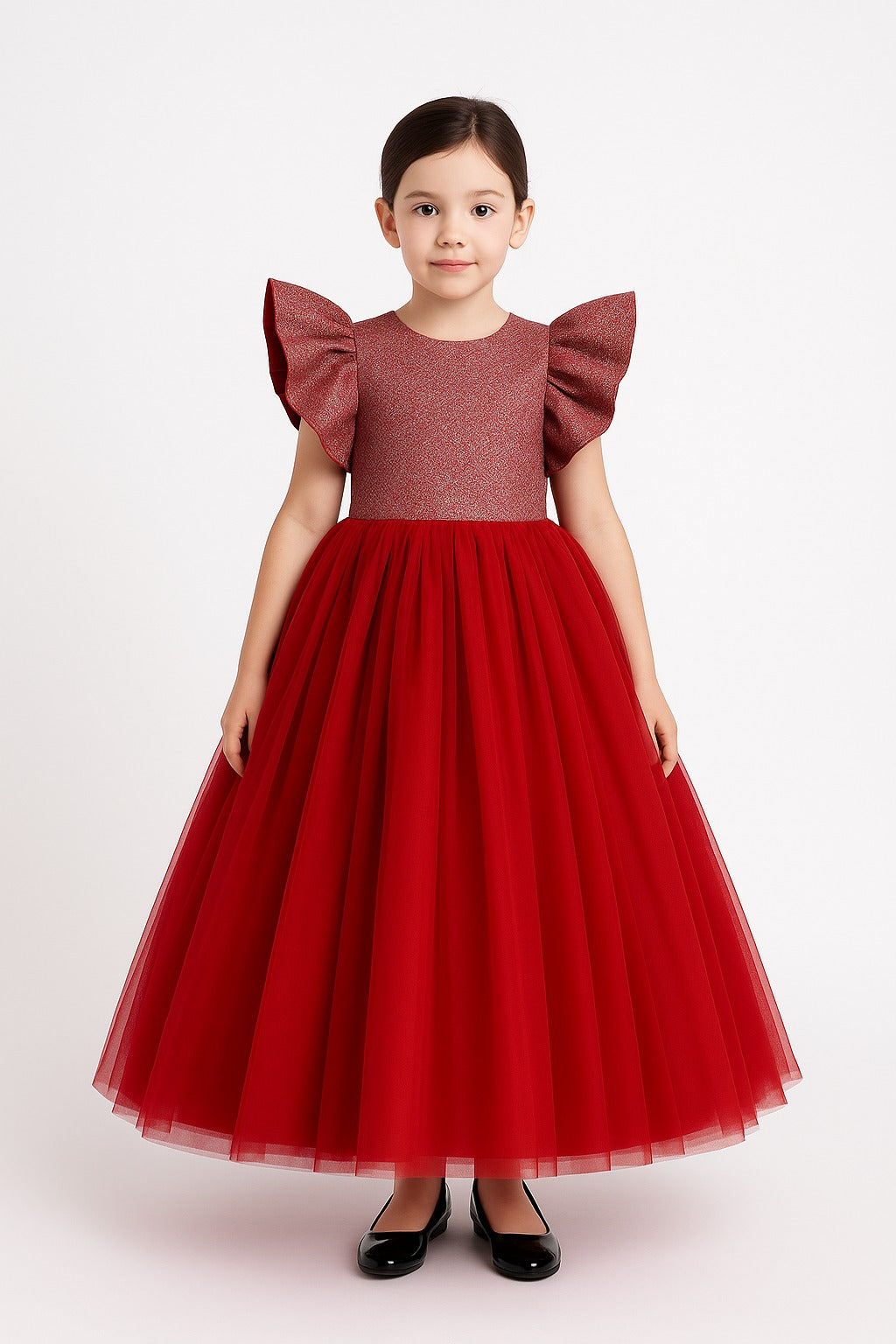 Elegant Red Tulle Gown with Glitter Bodice & Ruffle Sleeves for Girls - Inayah Fashion