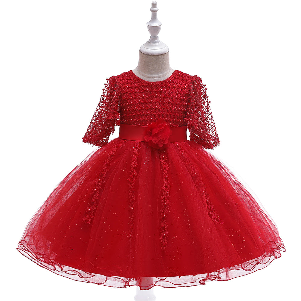 Gorgeous Red Party Dress for Girls with Net Sleeves, Floral Waist Detail & Sparkling Tulle Skirt - Inayah Fashion
