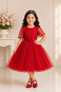 Red party dress for girls with net sleeves, floral waist detail and sparkling tulle skirt