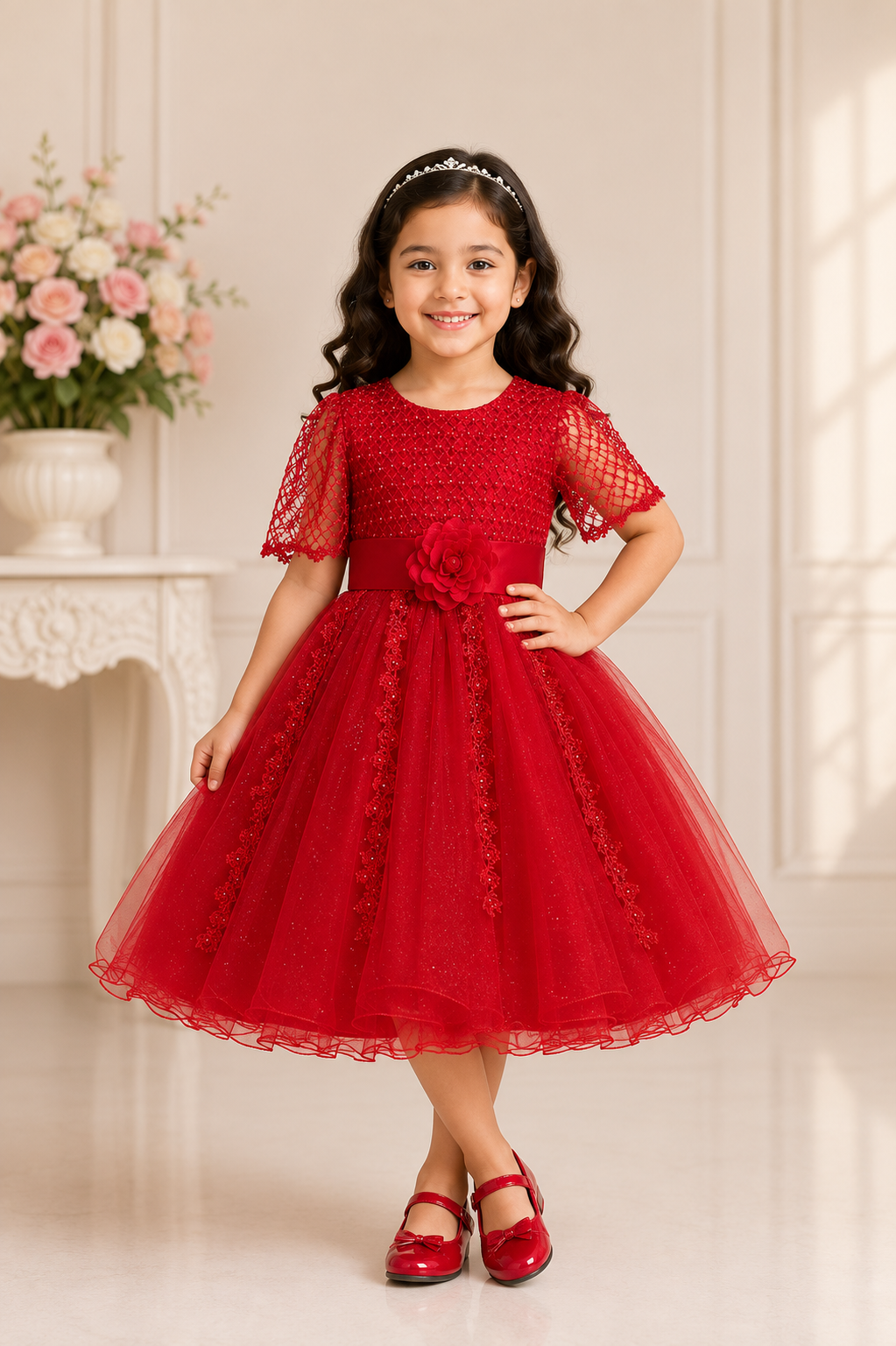 Red party dress for girls with net sleeves, floral waist detail and sparkling tulle skirt