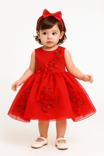 Red baby girl frock with 3D floral applique and full flared skirt
