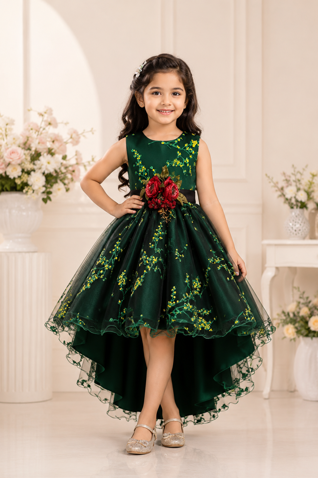 Dark green high-low party gown for girls with 3D red floral accent