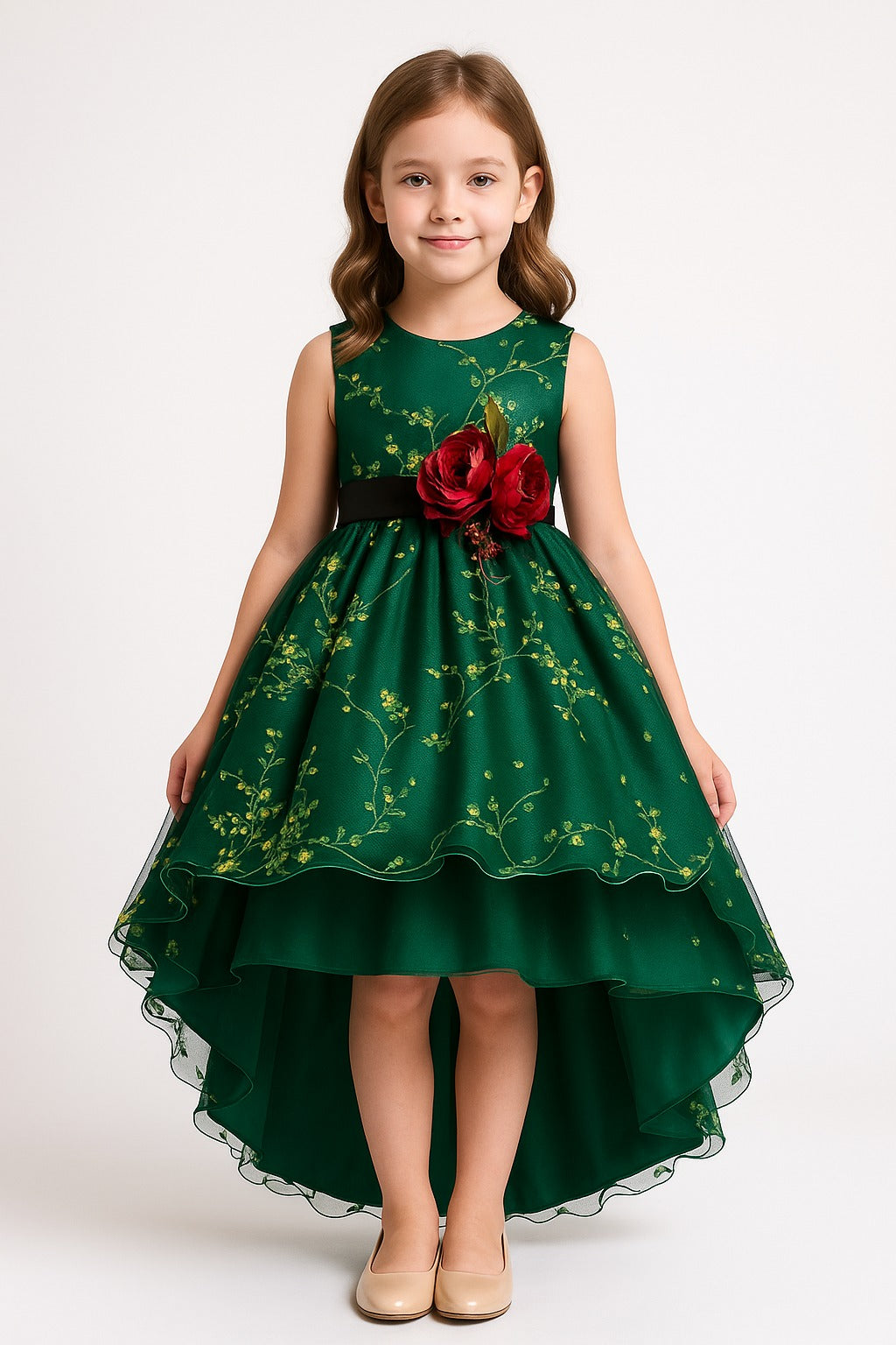 Elegant Dark Green High-Low Party Gown for Girls with 3D Red Floral Accent - Inayah Fashion