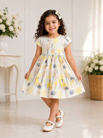 Beautiful Off White Cotton  Print Sleeveless Party Dress