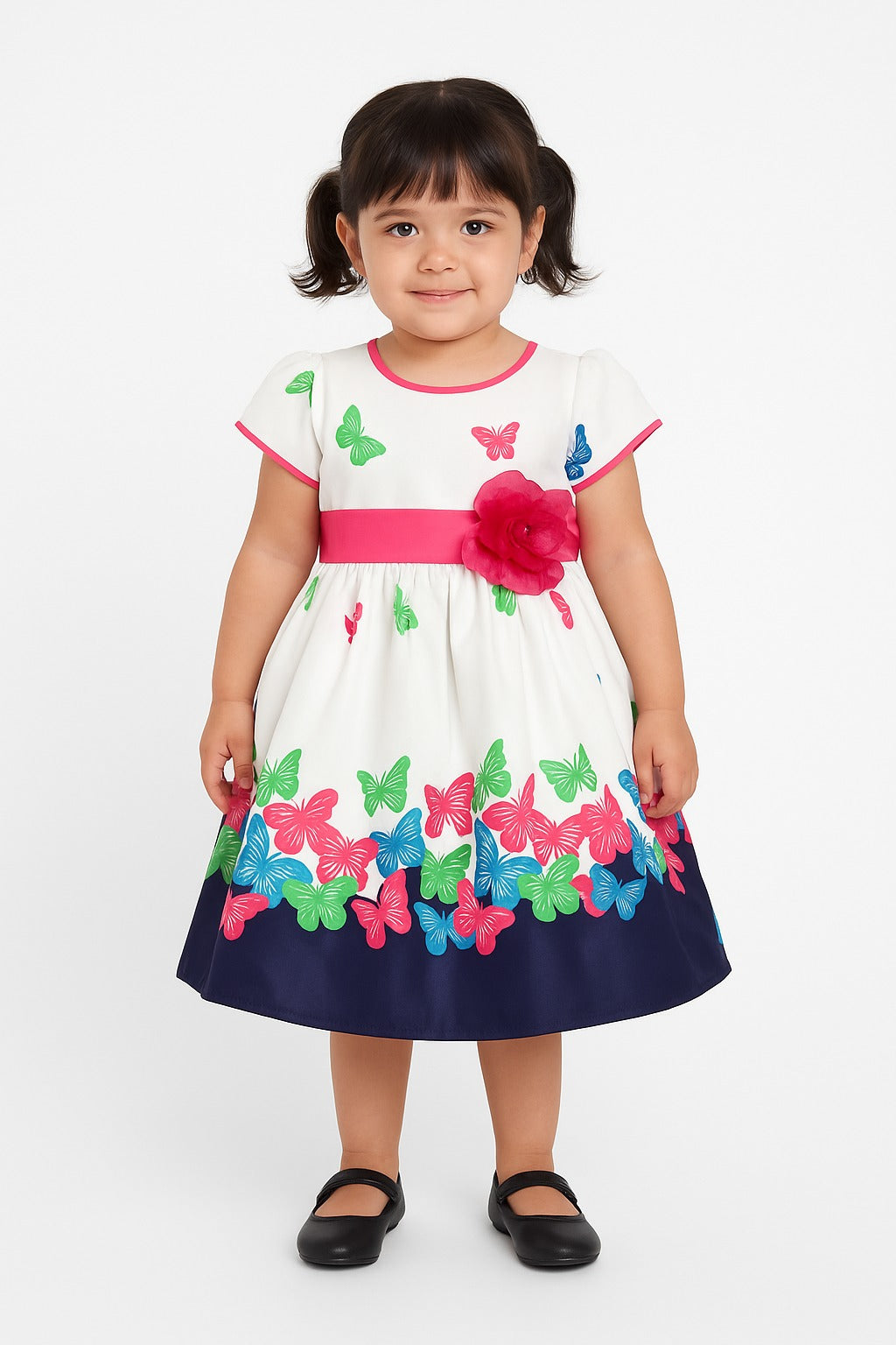 White butterfly printed party dress for girls with pink flower belt
