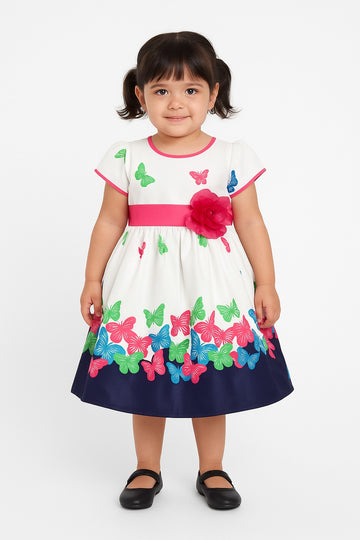 White butterfly printed party dress for girls with pink flower belt