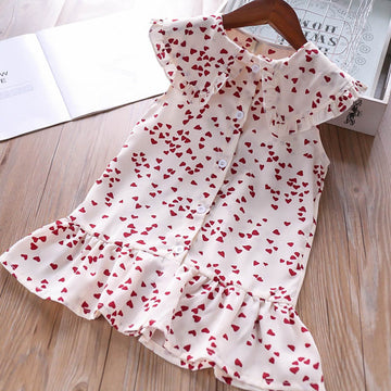Adorable Cream Sleeveless Shirt Dress for Girls with Red Heart Print and Ruffle Hem - Inayah Fashion