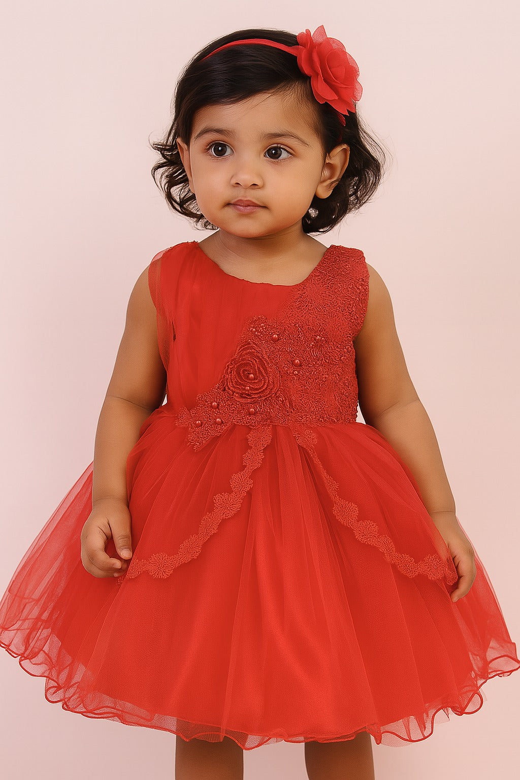 Red net party frock for girls with floral lace and bead design