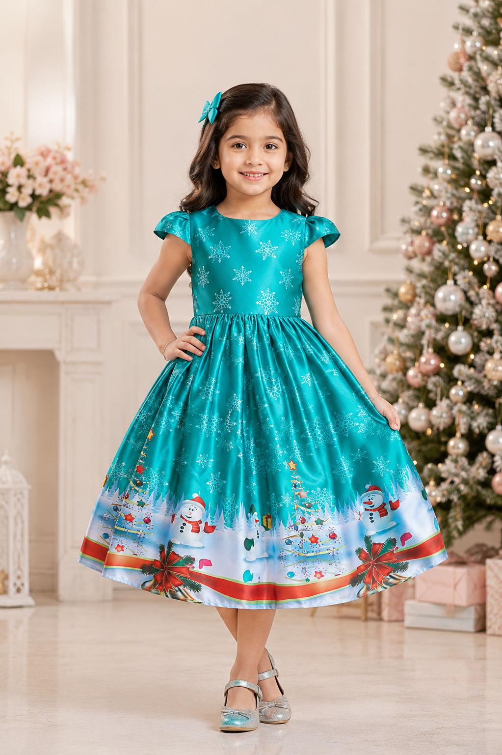 Teal Christmas gown for girls with snowman and tree print