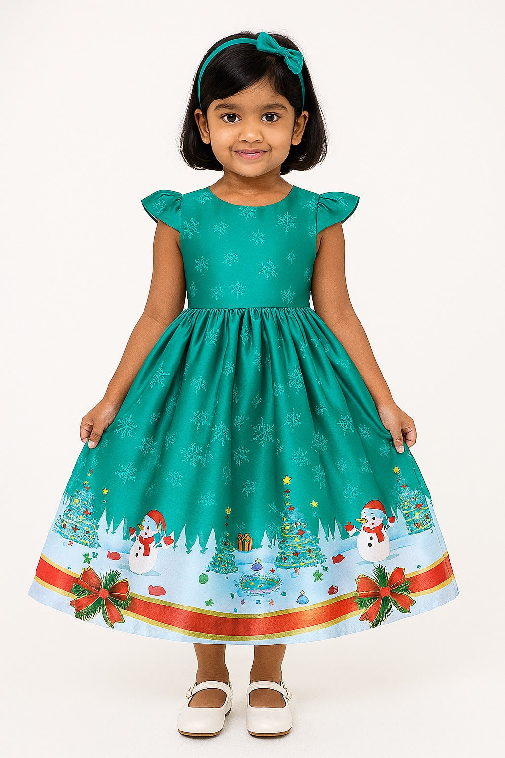 Festive Teal Christmas Gown for Girls – Snowman & Tree Print - Inayah Fashion