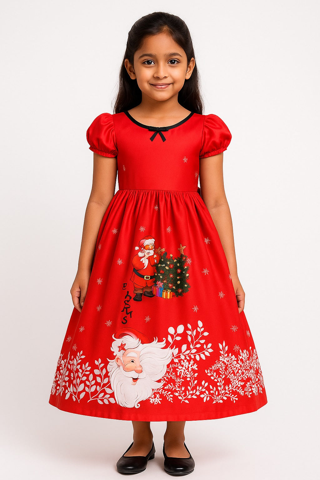 Girls' Red Christmas Party Dress – Santa & Christmas Tree Printed Gown - Inayah Fashion