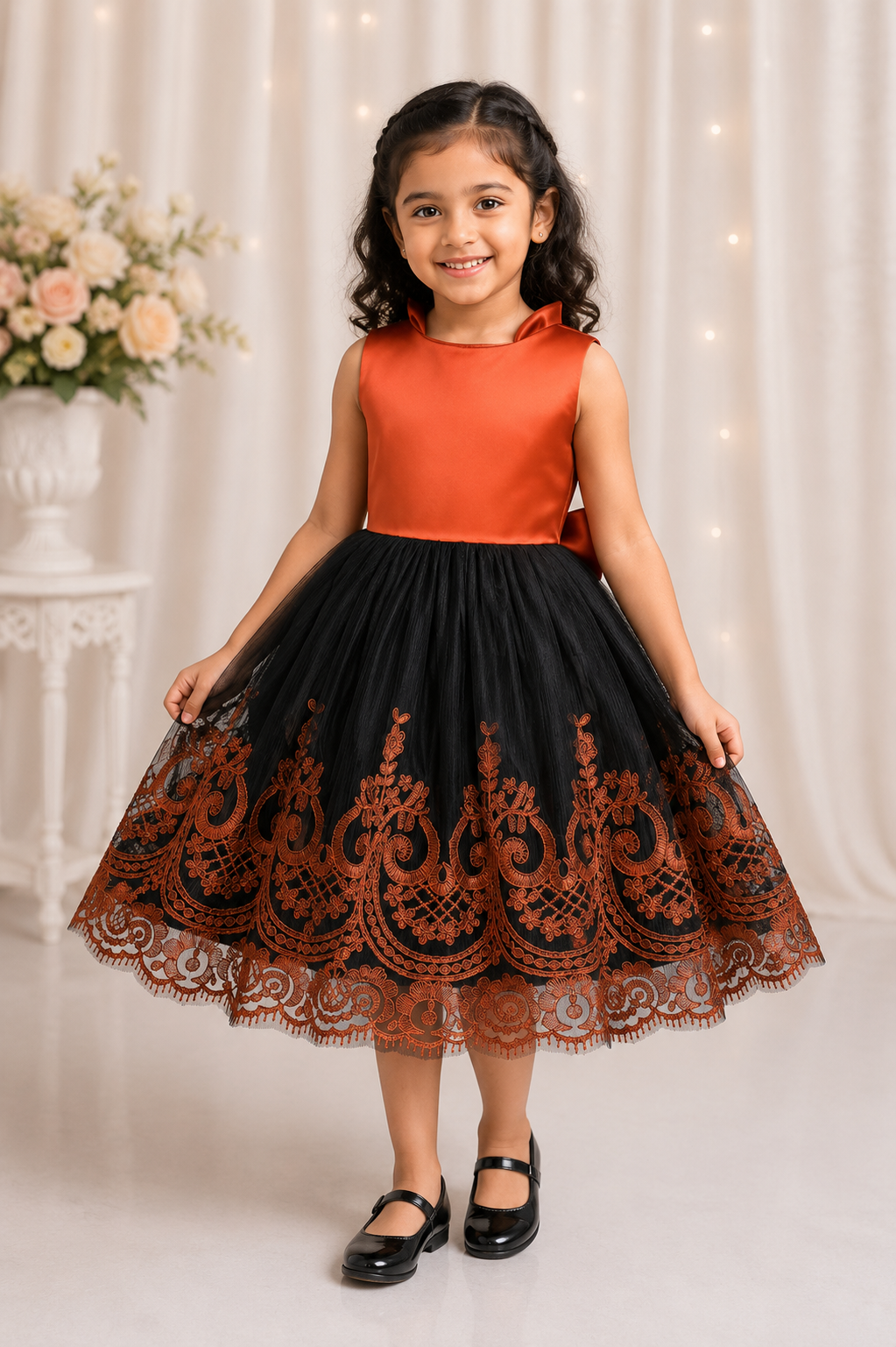 Orange and black party dress for girls with embroidered tulle skirt