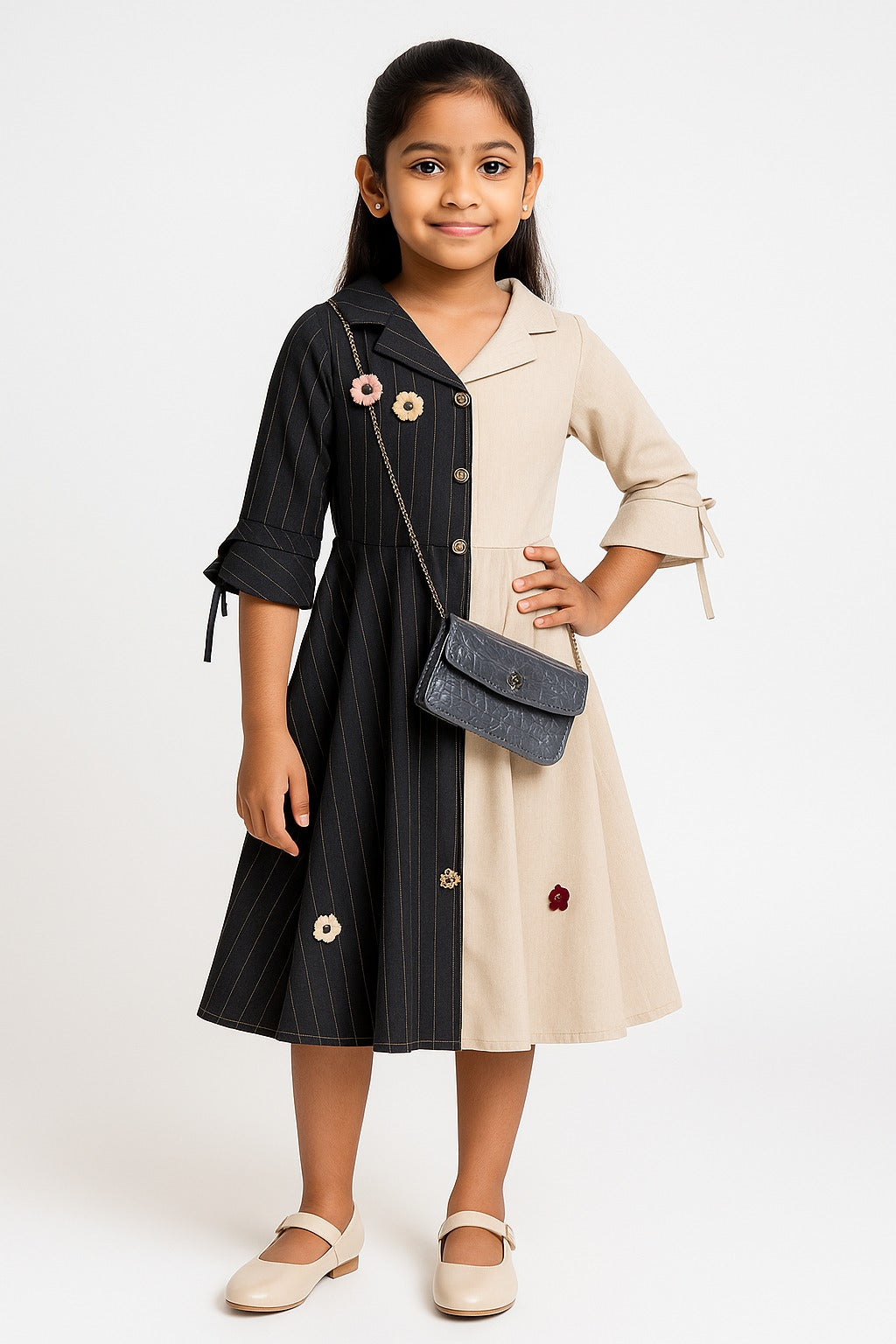 Stylish Black & Cream Panelled Dress for Girls with Grey Handbag - Inayah Fashion