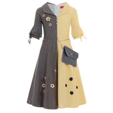 Chic Brown & Mustard Panelled Girls Dress with Grey Handbag