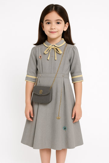 Elegant Grey Midi Dress for Girls with Yellow Accents & Handbag - Inayah Fashion