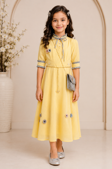 Sunshine Charm Midi Dress with Sling Bag for Girls-Casual wear for girls