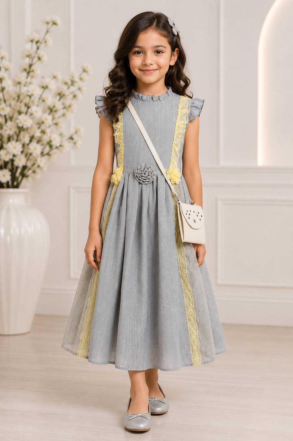 Grey dress for girls with yellow lace panels, ruffle neckline, and sling bag