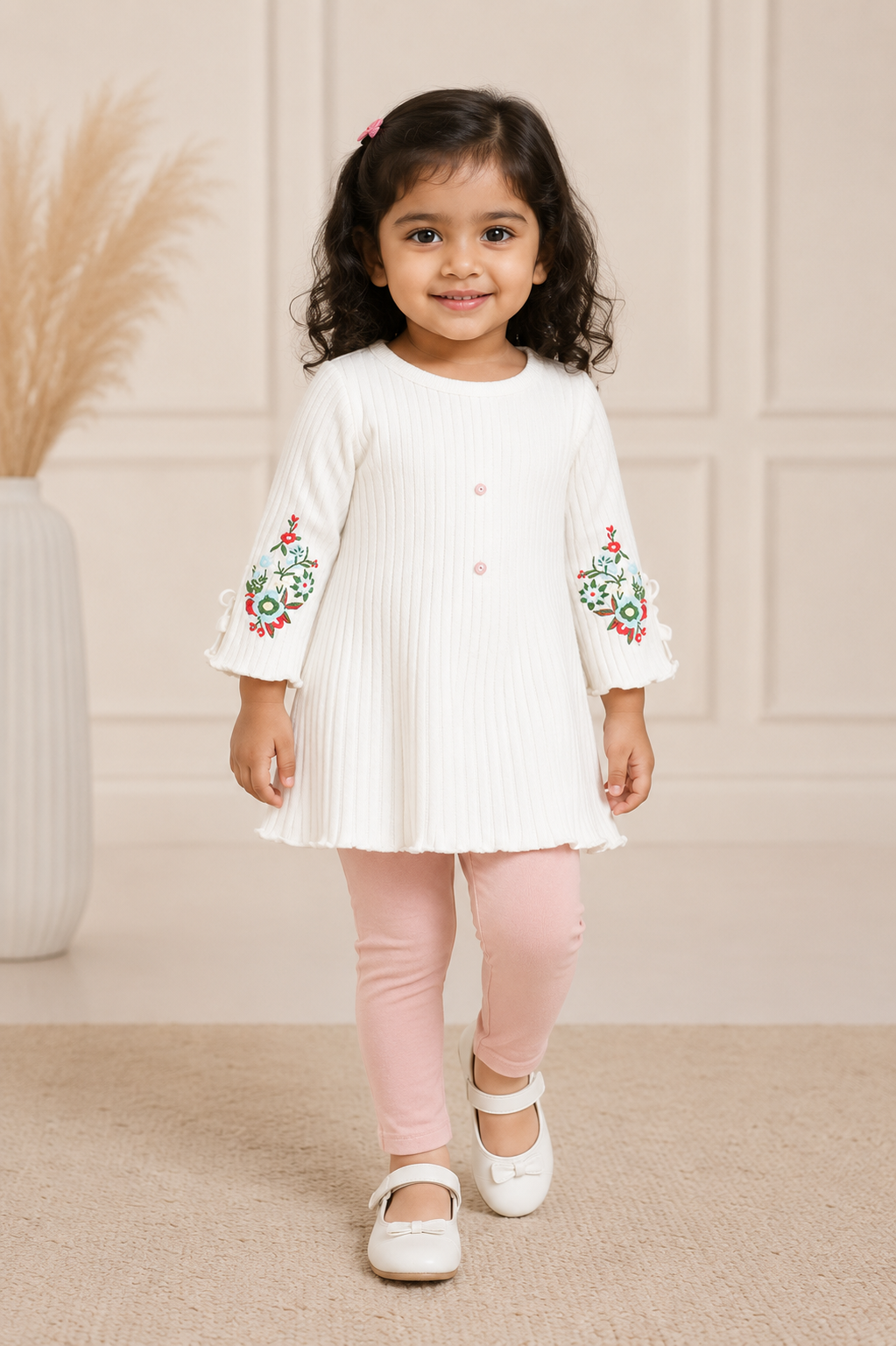 Girls white ribbed cotton knit top with floral embroidered full sleeves