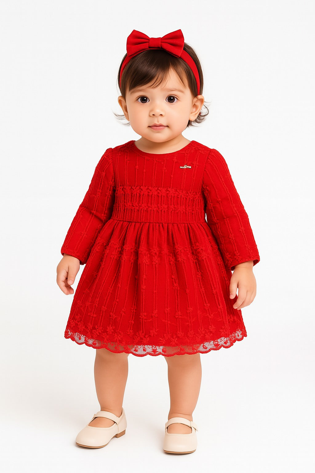 Elegant Red Winter Party Dress for Girls | Full Sleeve Embroidered Net Overlay - Inayah Fashion