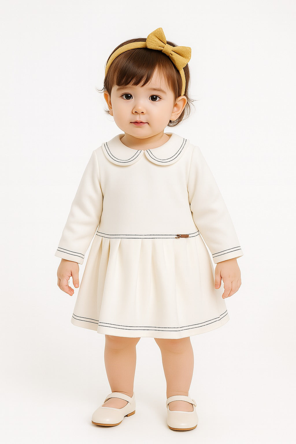 Classic White Winter Dress for Girls | Peter Pan Collar with Contrast Stitching - Inayah Fashion