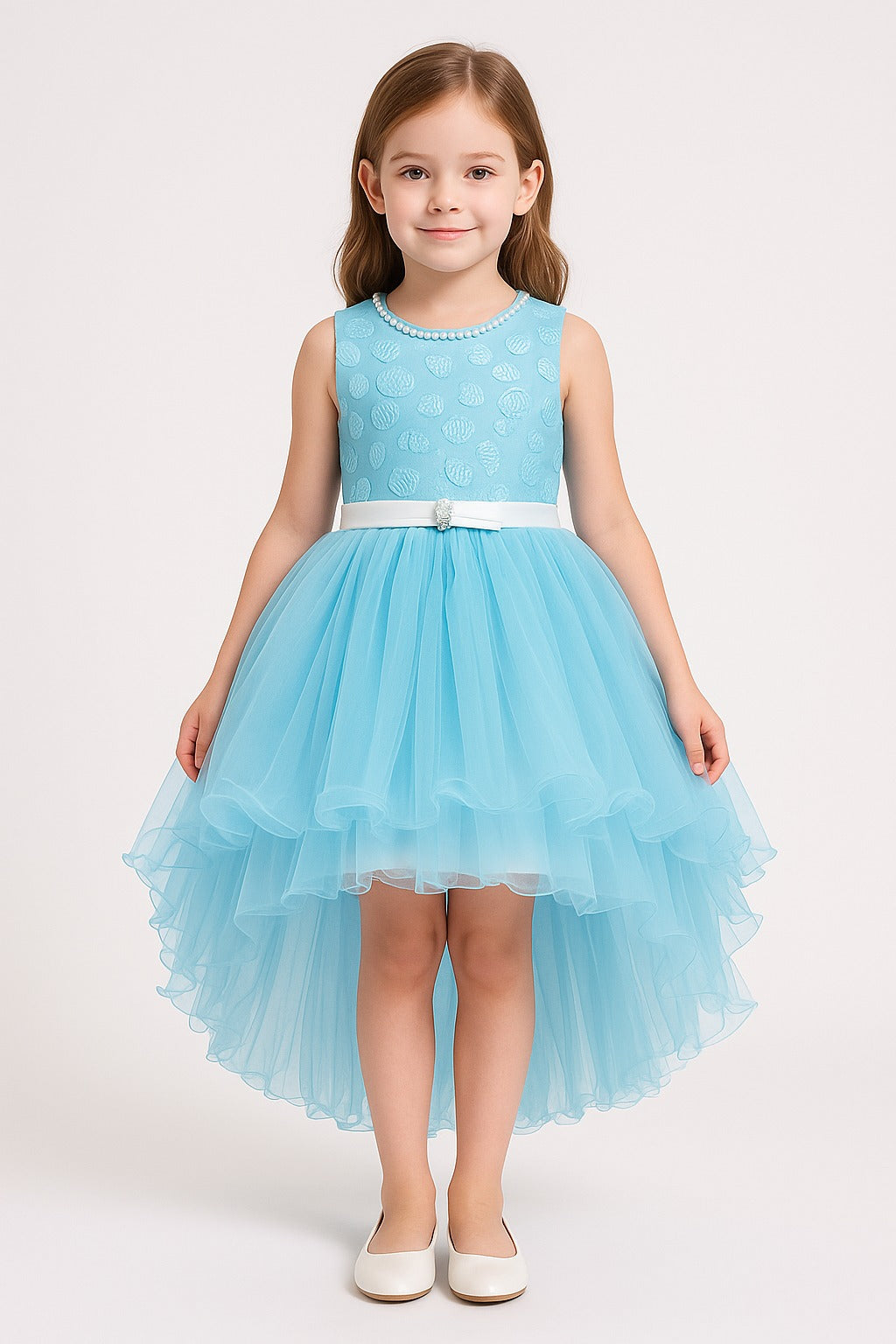 Blue high-low party dress for girls with floral embroidered bodice and net skirt