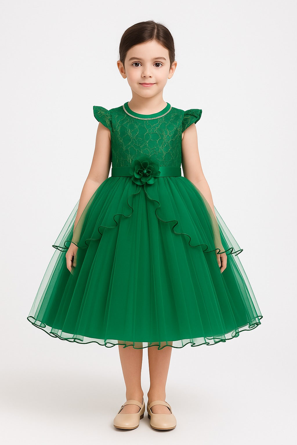 Beautiful Green Party Wear Dress for Girls with Lace Bodice Layered Net Skirt and Floral Waistband - Inayah Fashion