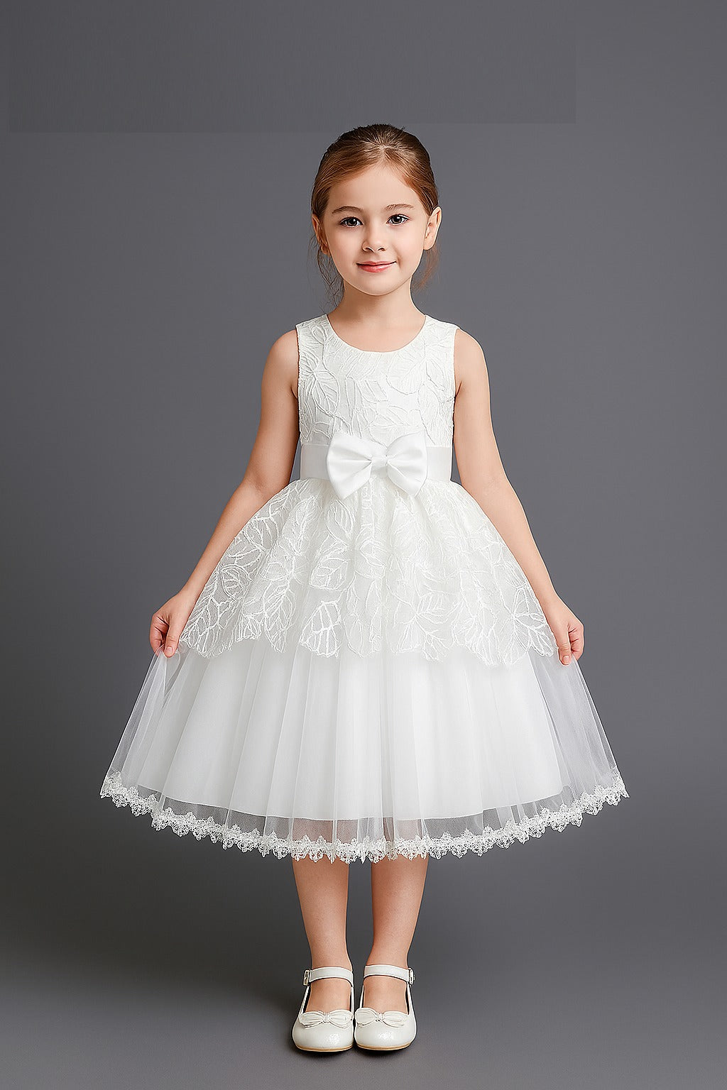 Elegant White Floral Lace Party Gown for Girls with Layered Net Skirt Big Satin Bow and Leaf Design - Inayah Fashion