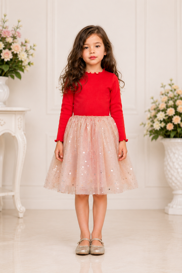 Stylish Red Top & Beige Glitter Tulle Skirt Party Dress for Girls