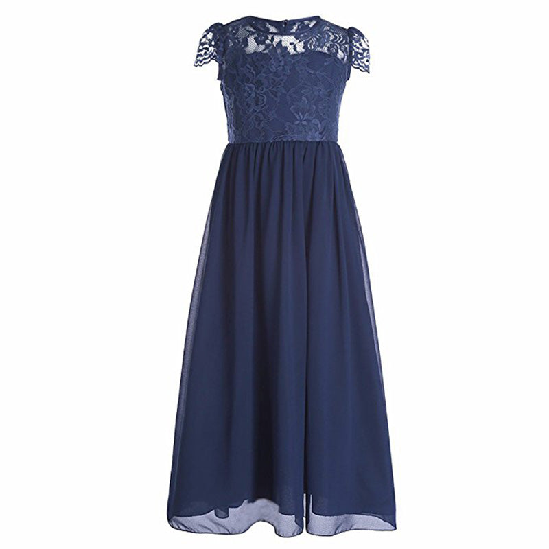 Girls Navy Blue Long Gown with Elegant Lace Bodice and Cap Sleeves - Inayah Fashion